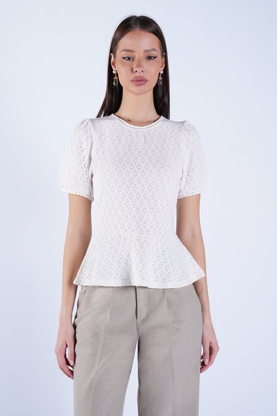 White Crew Neck Openwork Blouse Alc-X15091