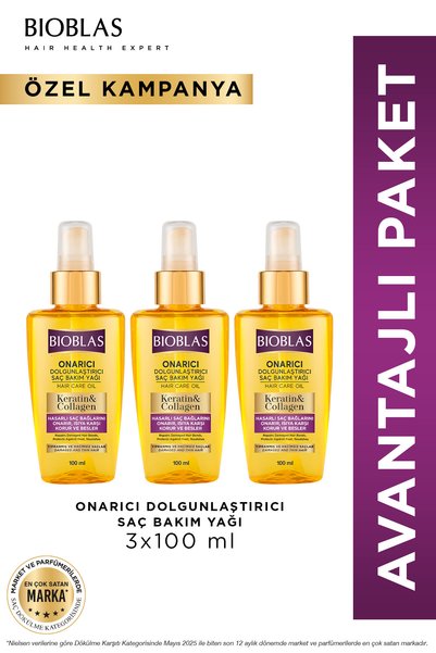 Keratin & Collagen Repairing and Volumizing Hair Care Oil 3 X 100 ml for Fine Damaged Hair