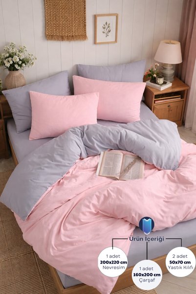 Double-Sided Double Duvet Cover Set with Elastic Sheet (2 Pillowcases)