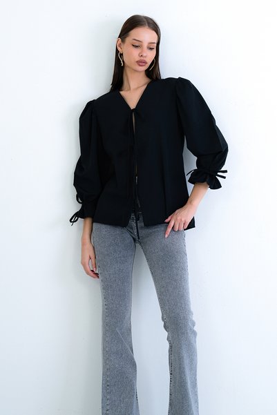 Black V-Neck Poplin Blouse with Tie Detail on Front and Sleeves Alc-X15169