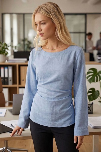 Women's Baby Blue Boat Neck Blouse with Gathered Sides and Rope Detail on the Back Arm-26K001085