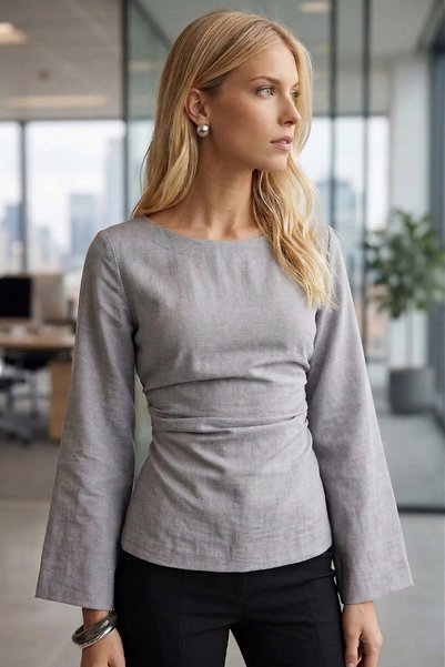 Women's Gray Boat Neck Blouse with Gathered Sides and Rope Detail on the Back Arm-26K001085