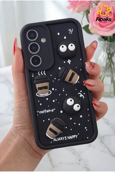 Galaxy A16 Black Soft Silicone Cover with Camera Protection and Coffee Cookie Figure