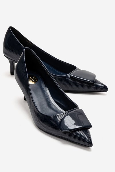 Briana Navy Blue Striped Buckle Women's Heeled Shoes