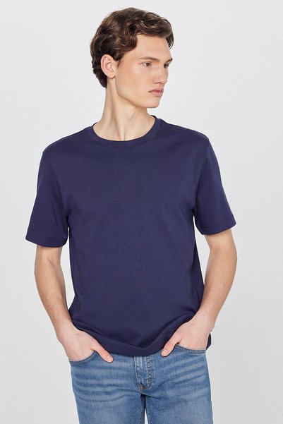 100% Cotton Regular Fit Normal Cut Crew Neck Navy Blue Basic T-Shirt