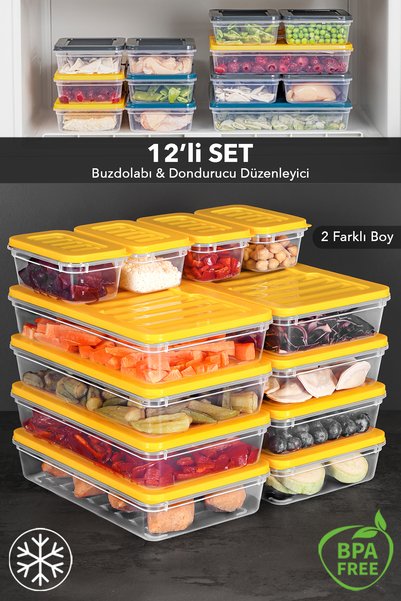 12-Piece Refrigerator Organizer Storage Container - Freezer Container Suitable for Microwave and Freezer 8X1200 4X240Ml Yellow