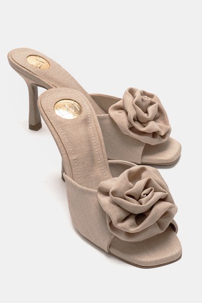 JEMPY Beige Linen Floral Women's Heeled Slippers