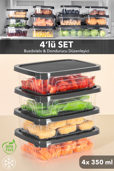 4-Piece Refrigerator Organizer Lunch Box, Suitable for Refrigeration, Organizer Storage Container, Anthracite 350ml