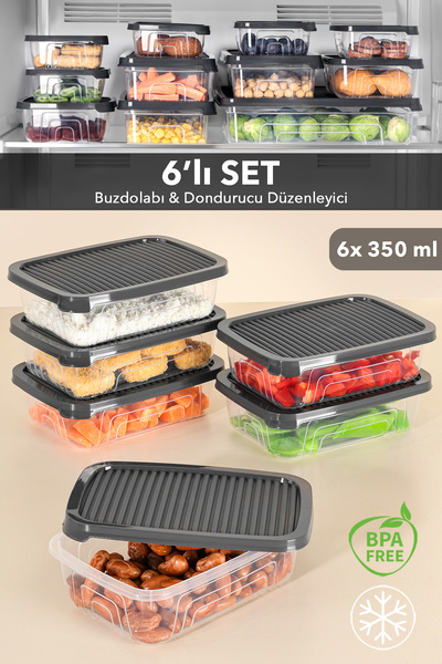 6-Piece Refrigerator Organizer Lunch Box, Suitable for Refrigeration, Organizer Storage Container, Anthracite 350ml