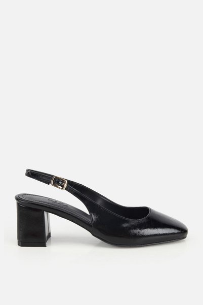 Women's black patent leather Round Toe open back medium Heeled Shoes