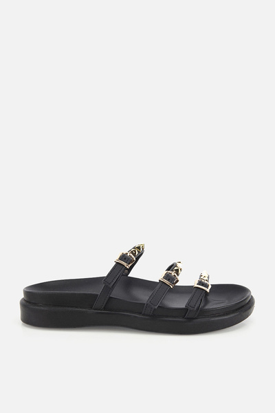 Women's Black Gold Buckled Strips Thick Sole Slipper