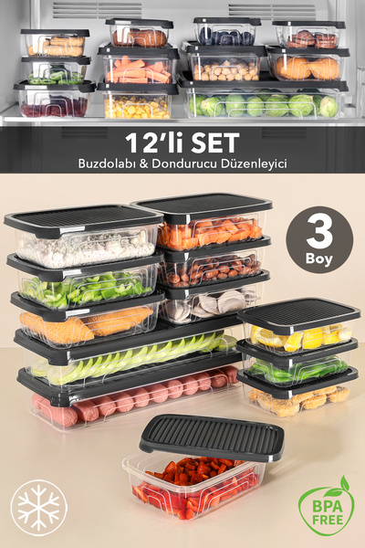 12-Piece Refrigerator Organizer Set - Organizer Suitable for Freezer, Icebox Storage Container Anthracite