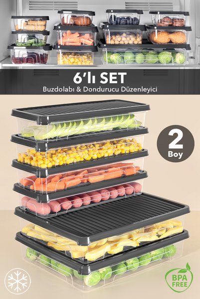 6-Piece Refrigerator Organizer Set - Freezer and Microwave Compatible Organizer, Freezer Storage Container, Anthracite