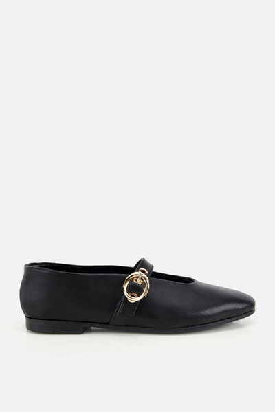 Women's Black Gold Buckled Band Ring Ballet Flats