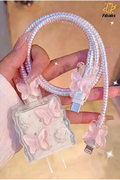 iPhone 18W/20W/25W Pink Butterfly Charger Protector Charging Cable Protective with Knitted Apparatus Shaping / Sculpting