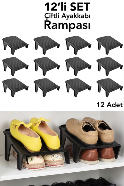 12 Pcs Double Shoe Organizer - In-Cabinet Organizer Shoe Ramp Black