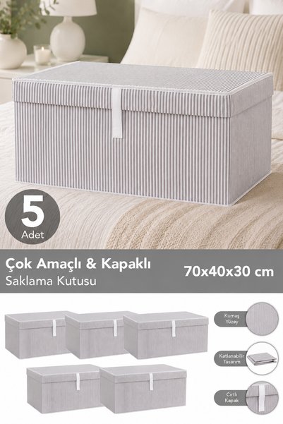 5-Piece Multi-Purpose Storage Box Organizer with Lid Mega Plus 70 X 40 X 30 cm Gray