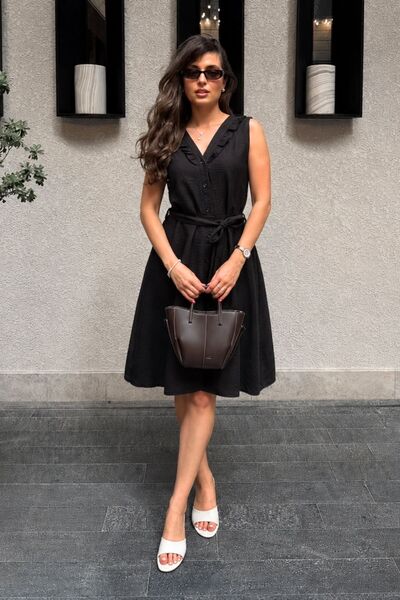 Women's Black V-Neck Ruffled Collar Front Buttoned Belted Midi Dress ARM-26Y001089
