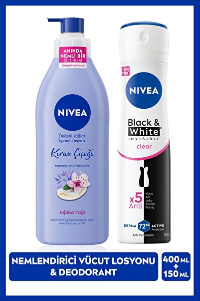 Женски дезодоранс во спреј Black&White InvisibleClear 150ml, хидратантен лосион за тело со црешов цвет 400ml