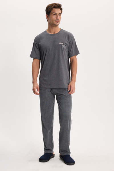 Men's standard fit regular cut cotton crew neck short sleeve elasticated grey pajama set