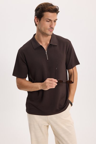 Men's slim fit short sleeve brown polo shirt with half-zip in soft modal fabric