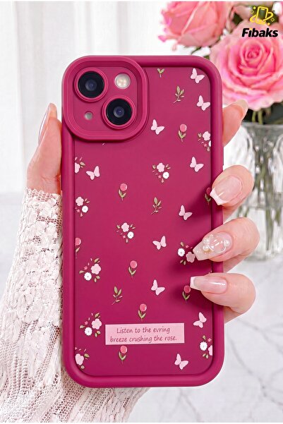 iPhone 13/14 футрола со мека текстура, дезен на пеперутка и роза, мек силиконски капак со заштита за камера