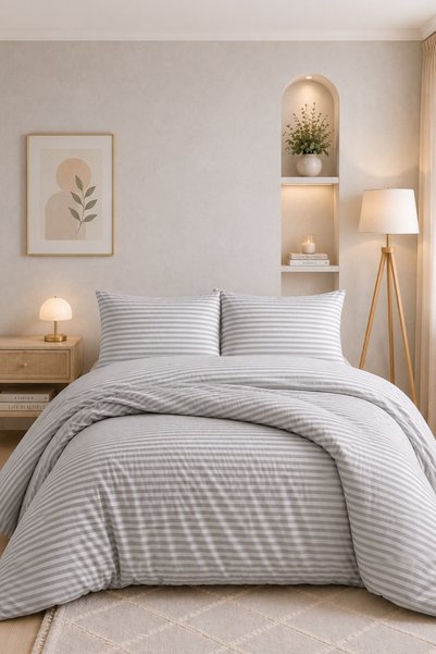 Modern Design Striped Double Duvet Cover Set with Elastic Sheet Gray