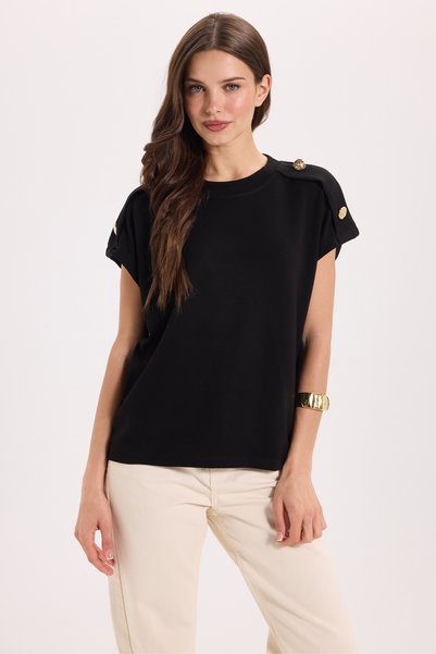 Women's Oversize Wide Cut Crew Neck Buttoned Shoulder Lycra Black Viscose Blouse