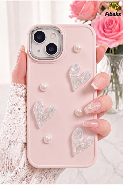 iPhone 13/14/15 футрола со испакната камера, розова мека силиконска маска со дезен на панделка и бисери