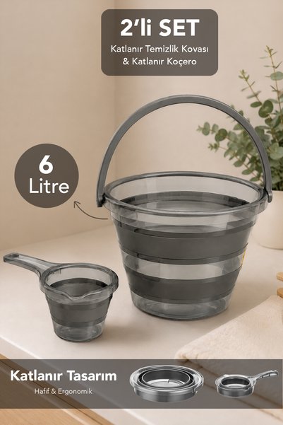 6 Lt Collapsible Accordion Water Bucket and Koçero Mug - Set of 2 Platinum