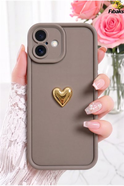 iPhone 16 Case 3D Heart Design Brown Pattern Soft Camera Protection Silicone Cover