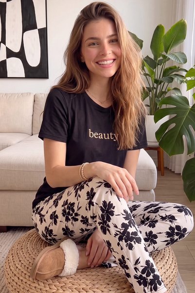 Black Beauty Patterned Short Sleeve Knitted Women's Pajamas Set