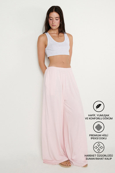 Женски розови плетени панталони премиум вискоза со мека текстура стандарден крој со џебови еластичен струк удобни