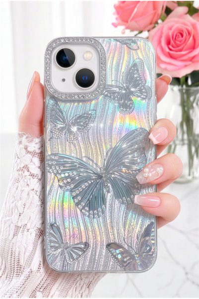 iPhone 13/14/15 Case Holographic Stone Glitter Butterfly Pattern Shock Absorbing Camera Protected Silicone