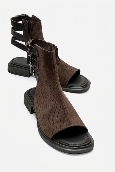 Carina Brown Suede Genuine Leather Women's Sandals with Side Zipper