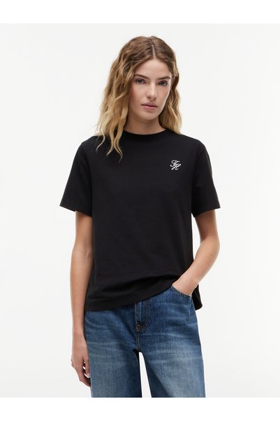 Women's Round Neck Short Sleeve Plain Regular Fit Black T-Shirt