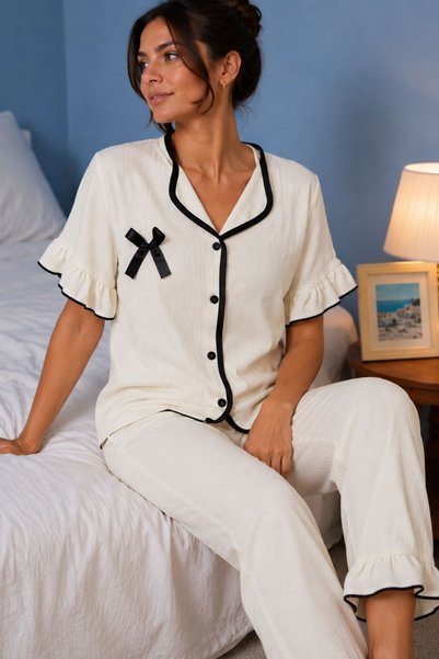 Short Sleeve Bow Detail Buttoned Pajama Set