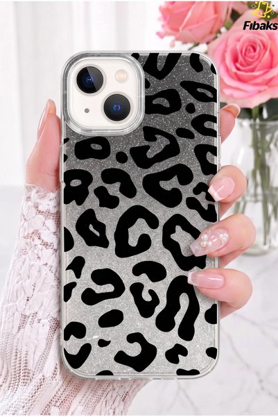 Glitter Leopard iPhone 13/14/15 Case Glitter Leopard Transparent Phone Case Glitter Leopard Pattern Premium Protection Hard Silicone Black