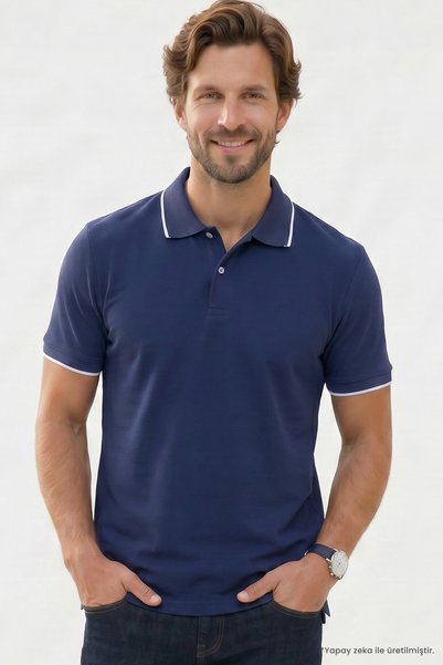 Men's Regular Fit Comfortable Cut 100% Cotton Short Sleeve Navy Blue Polo Neck T-Shirt with Stripe Detail