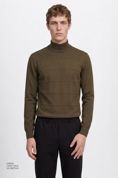 Men's Khaki Soft Textured Standard Fit Regular Cut Half Turtleneck Knitwear Sweater