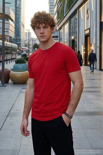 Unisex Slim Fit Slim Fit 100% Cotton Soft Textured Red Crew Neck T-Shirt