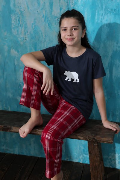 Navy Blue Bear Short Sleeve Mother Daughter Family Pajamas Kids Set