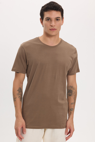 Unisex Slim Fit Slim Fit 100% Cotton Soft Textured Brown Crew Neck T-Shirt
