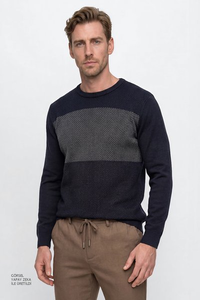 Navy Blue Men's Crew Neck Standard Argyle Patterned Sweater Ace049261524_Lag
