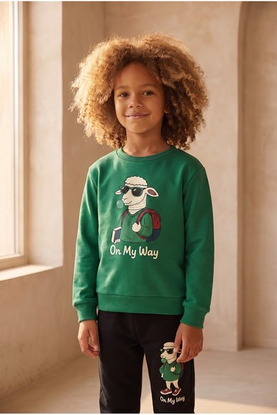 Boys' Lamb Patterned Tracksuit Set Green
