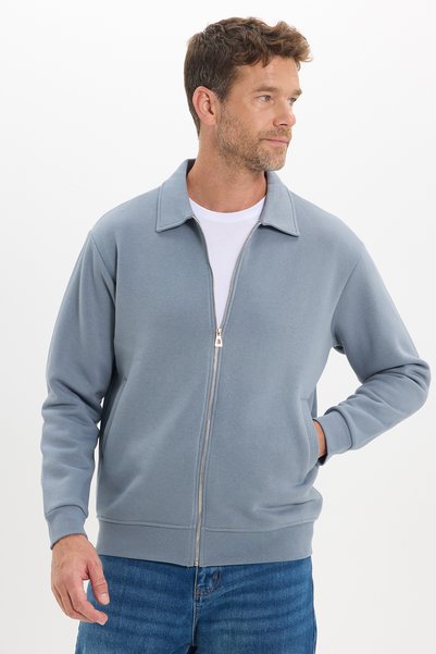 Unisex Relax Fit Comfortable Cut Cotton Inner Fleece Zippered Gray Polo Neck Flato Pocket Sweatshirt Cardigan