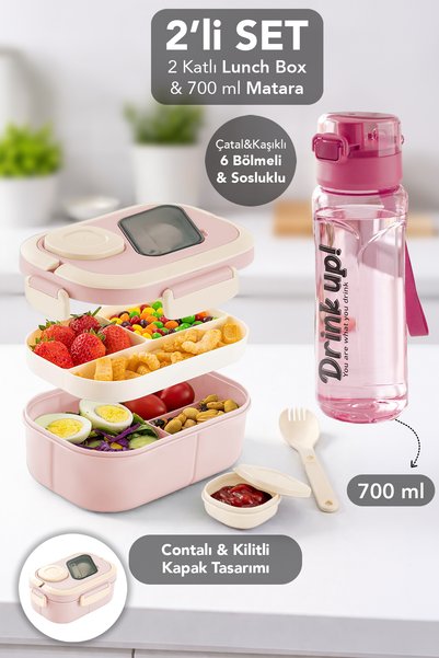 2-Tier Lunch Box & 700 ml Water Bottle - 6-Compartment Locking Lid Food Container and Water Bottle with Carrying Handle Pink