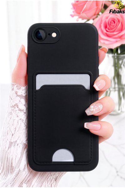 iPhone 7/8/Se Case with Camera Protection, Card Holder, Wallet, Red Button, Black Silicone Cover, Black