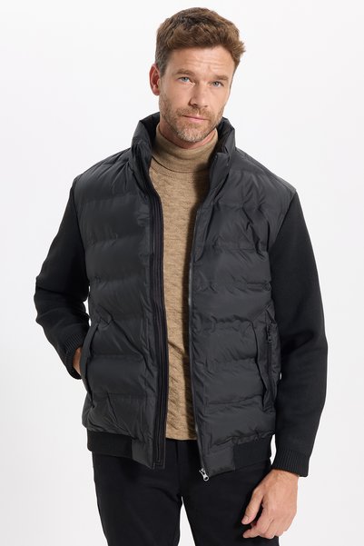 Men's regular fit classic cut zippered double pocket warm Mock Neck black jacket