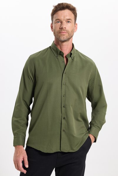 Regular Fit Button-Down Collar Cotton Easy-Iron Oxford Plain Men's Khaki Shirt